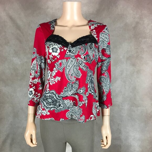 LINEA DONATELLA Red Paisley Lace Trim Pajama Shirt Size Medium - Picture 1 of 10